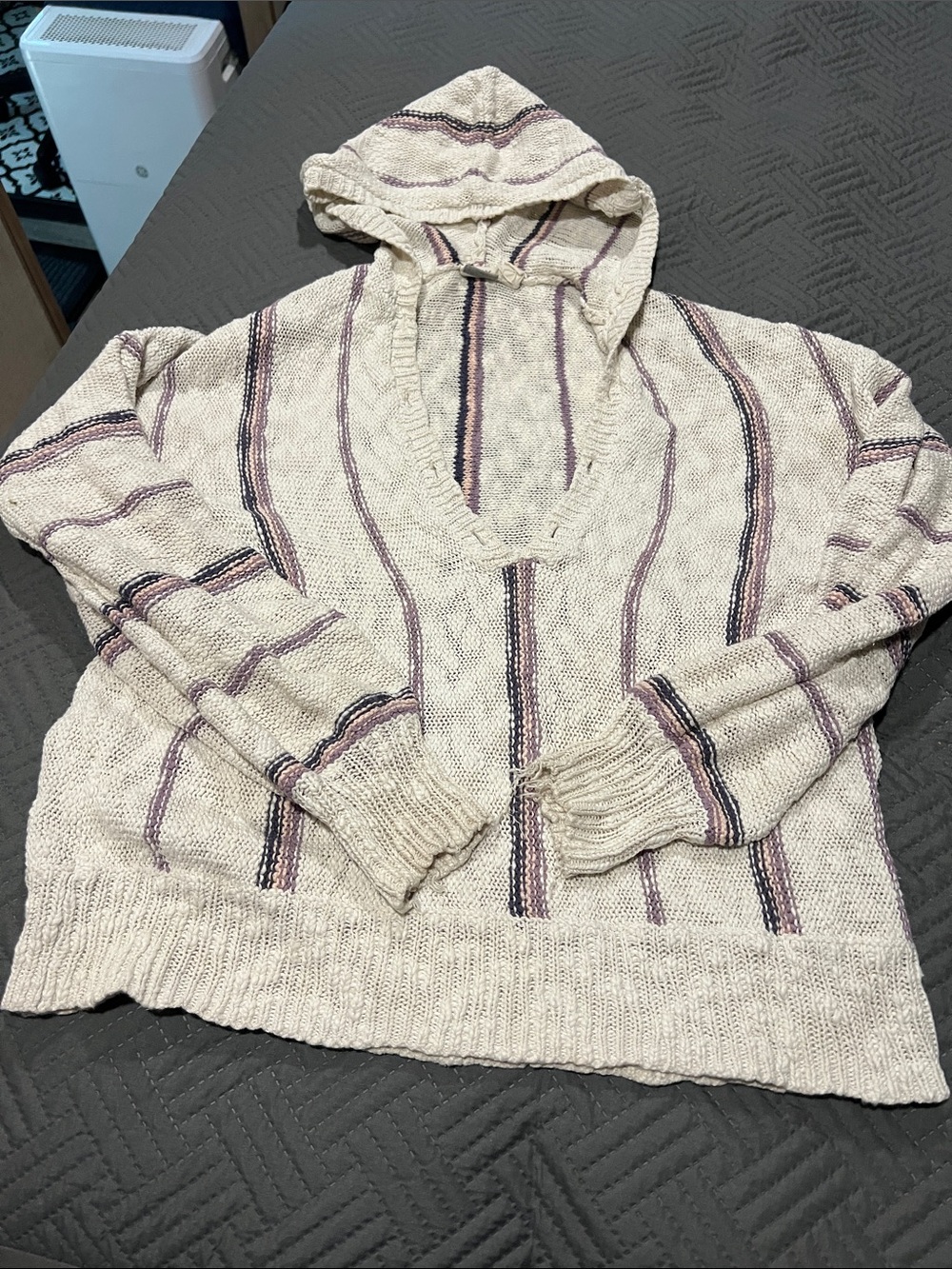 Roxy Hooded Striped Knit Sweater - Cream with Purple Stripes